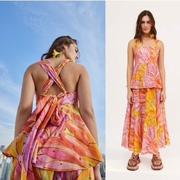 FARM RIO Nwot Ombre Bananas Crossed Back Square Neck Maxi Dress XS Women's - Picture 3 of 15